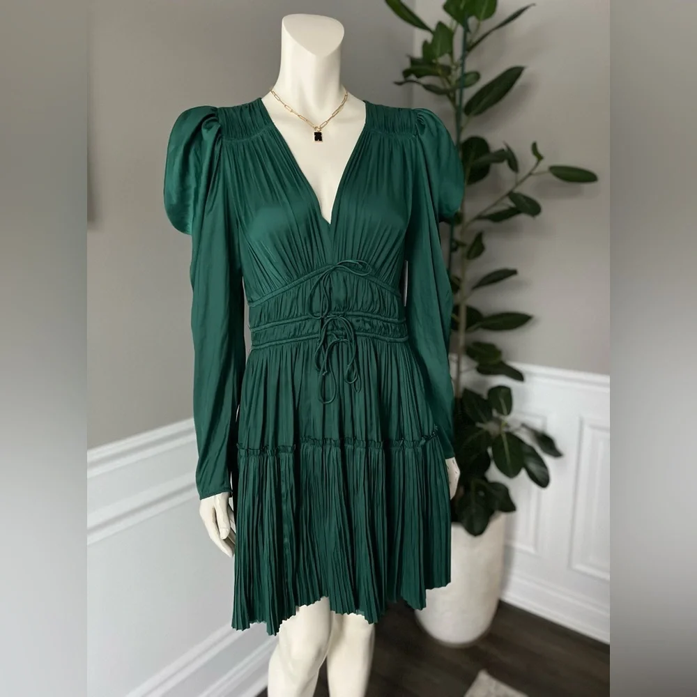 ULLA JOHNSON Lu Bow-Detailed Pleated Satin Mini Dress in Green sz US 0 NWT 590$ - Picture 10 of 14
